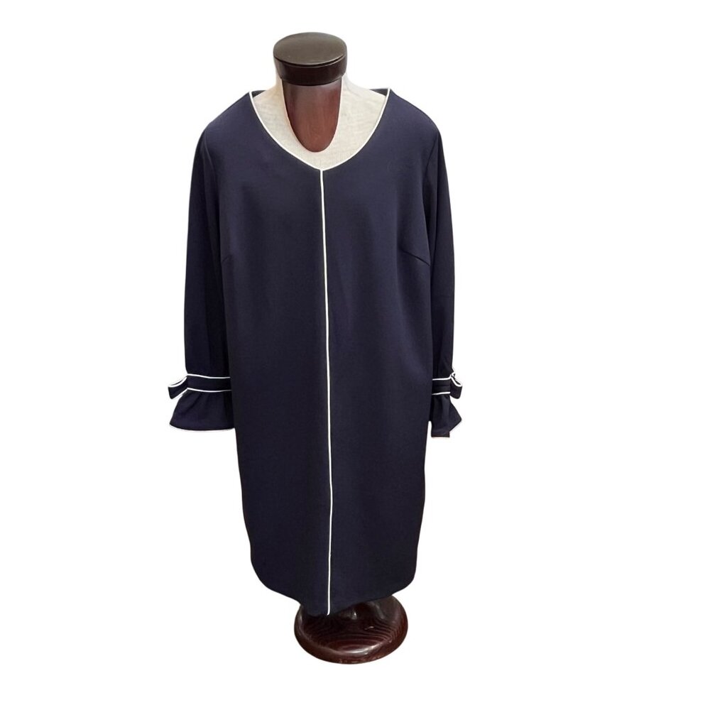 Sharagano Navy Blue Dress White Trim Bow Accent Flared‎ Cuffs Knee Length 18W